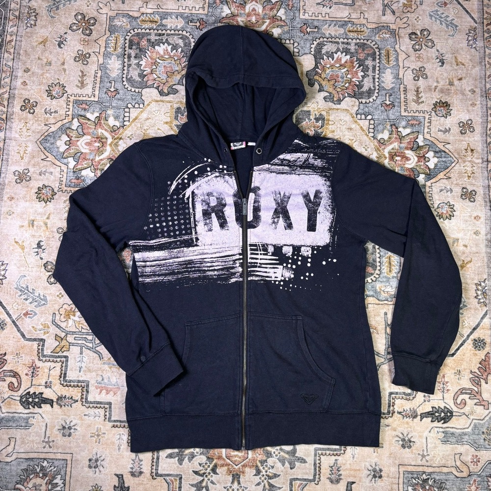 Y2K Roxy Full Zip Graphic Hoodie Black Distressed Logo Surfer Sweatshirt Large